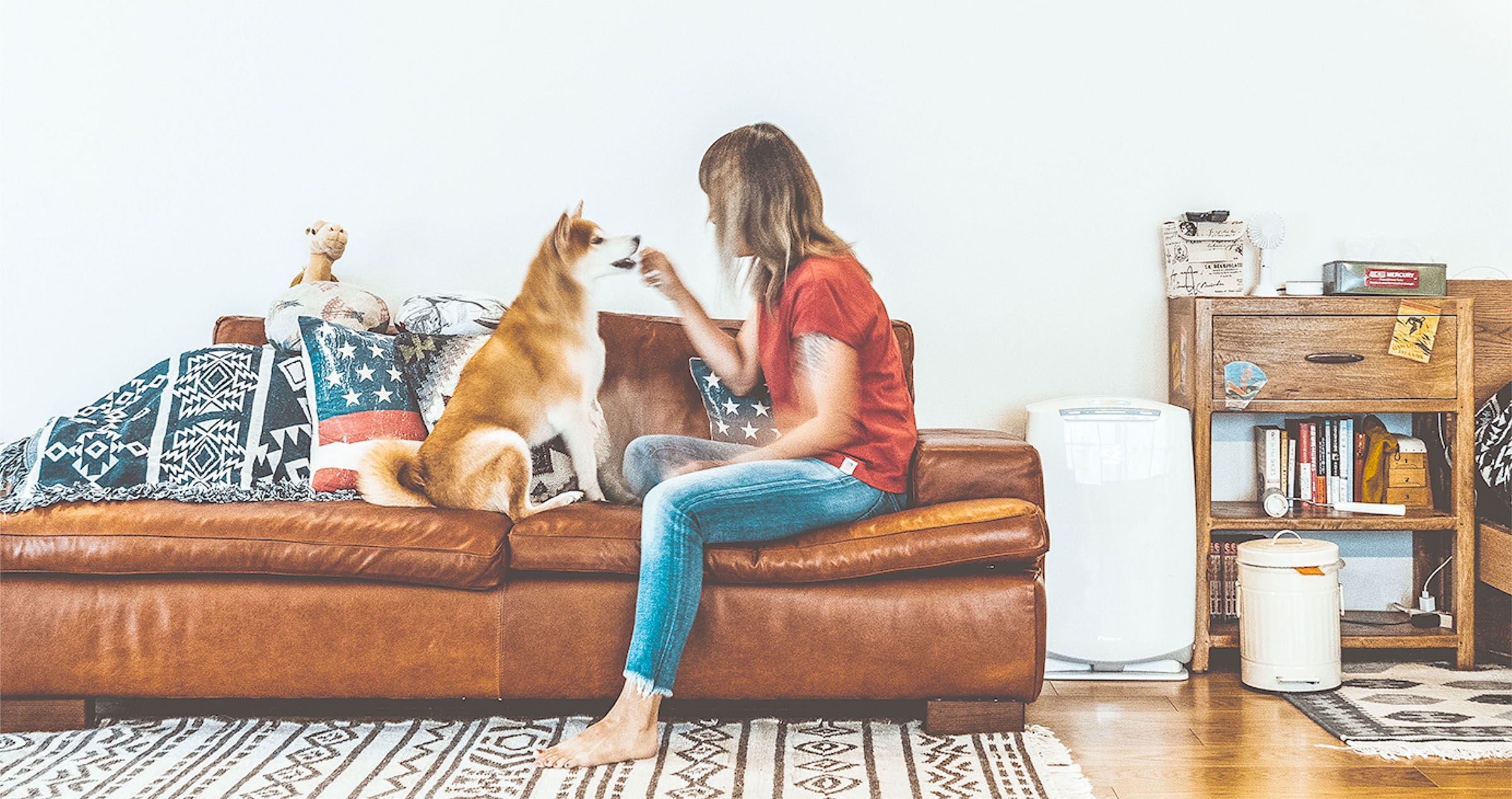 部屋で犬と戯れている女性