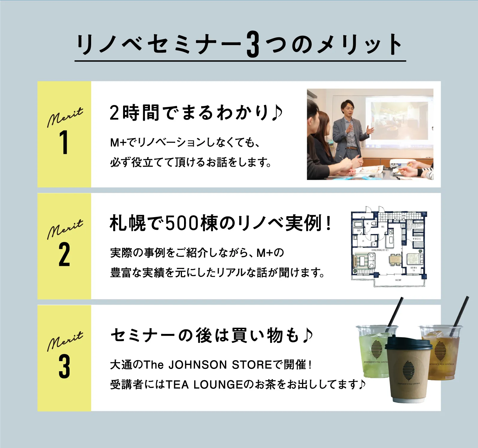 リノベセミナー3つのメリット。1 2時間でまるわかり♪、M+でリノベーションしなくても、必ず役立てて頂けるお話をします。／2 札幌で500棟のリノベ実例！実際の事例をご紹介しながら、M+の豊富な実績を元にしたリアルな話が聞けます。／3 セミナーの後は買い物も♪大通のThe JOHNSON STOREで開催！受講者にはTEA LOUNGEのお茶をお出ししてます♪